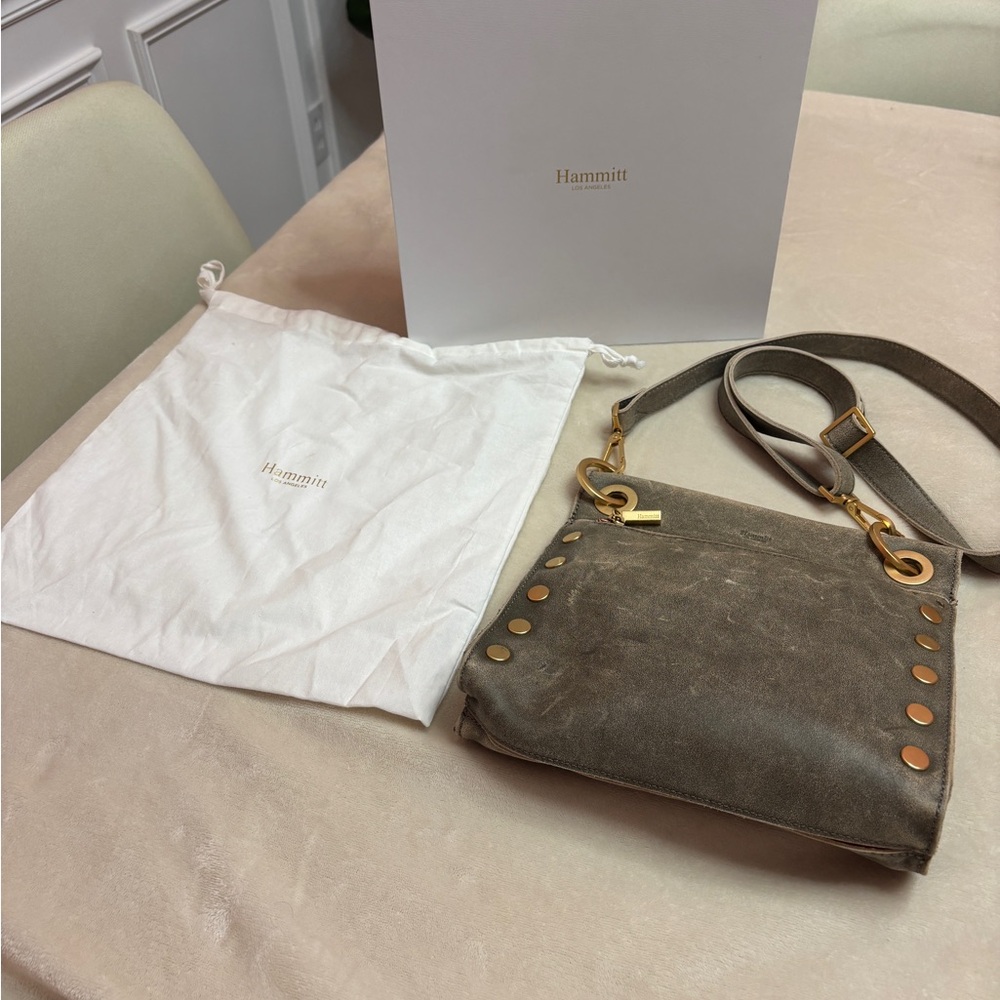 Hammitt Tony Medium Leather Crossbody Bag in Pewter with Brushed Gold Accents